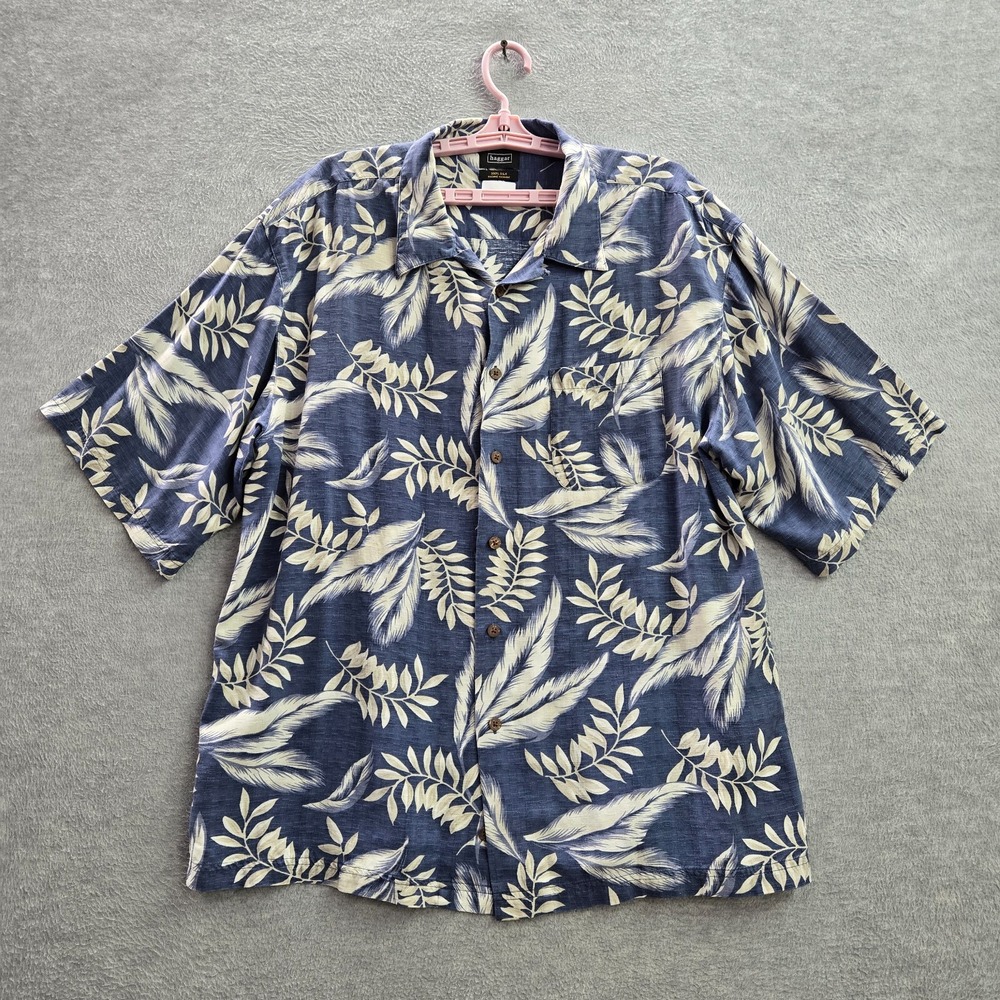 Haggar Men Button Up Shirt 2XL Blue 100% Silk‎ Leaf Print Allover Print Washable